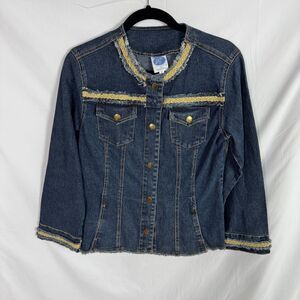 DG2 by Diane Gilman Women's Denim Jacket Size Small Blue w/Gold Trim